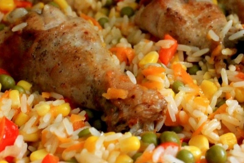Запечь курицу с рисом в духовке на протвине рецепт с фото