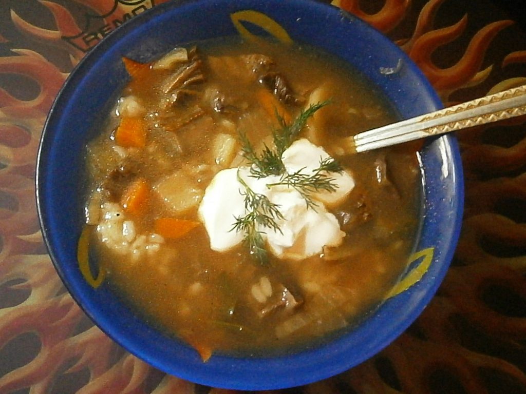 Суп из сушеных грибов с кислым огурчиком