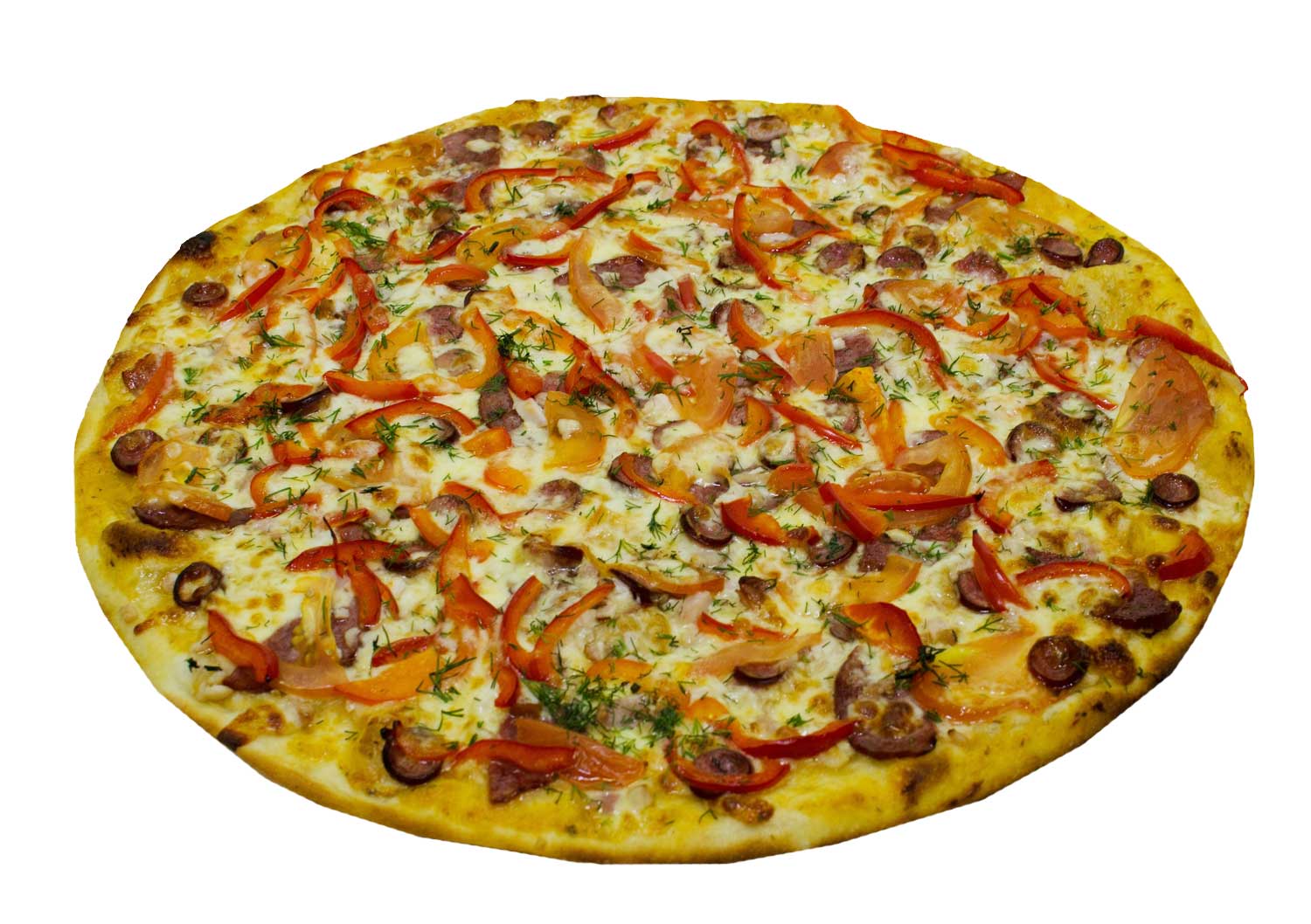 Пицца с ветчиной, грибами, перцем болгарским