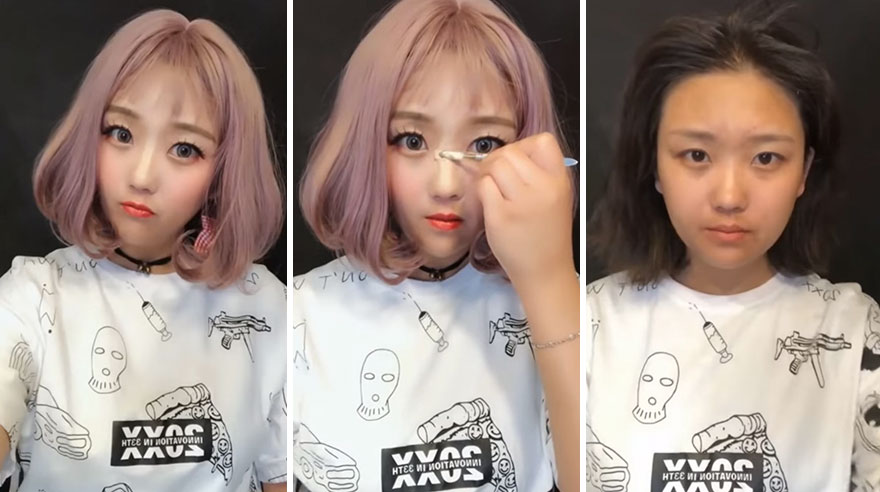 Азиатские женщины до и после макияжа